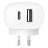 BELKIN BOOST CHARGE Dual Wall Charger with PPS 37W - White (WCB007auWH), Two device charging: USB C + USB A can charge two phones at the same time