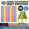 Craft Gallery 2880PCE Thin Rainbow Wooden Craft Sticks Multipurpose 6 x 190mm