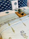 Cotton Filled Quilt/ Quilted Bedspread/ Coverlet/Blanket - Royal Light Blue Buta Hand block printed Quilt