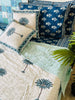 Cotton Kantha summer quilt/ Bedspread/ Coverlet/Throw/Blanket - Fresh Blue Palm Tree Hand block printed Kantha Quilt