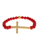 Authentic NIALAYA Gold Plated Silver Bracelet with Red Coral Beads and CZ Diamond Cross S Women