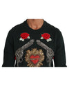 Dolce &amp; Gabbana Green Cotton Crystal Heart Roses Embroidered Pullover Sweater 46 IT Men