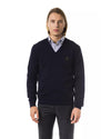 Embroidered V-neck Sweater in Extrafine Merino Wool M Men