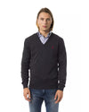 Embroidered V-neck Sweater in Extrafine Wool Merinos Fabric M Men