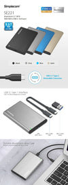 Simplecom SE221 Aluminium 2.5'' SATA HDD/SSD to USB 3.1 Enclosure Blue